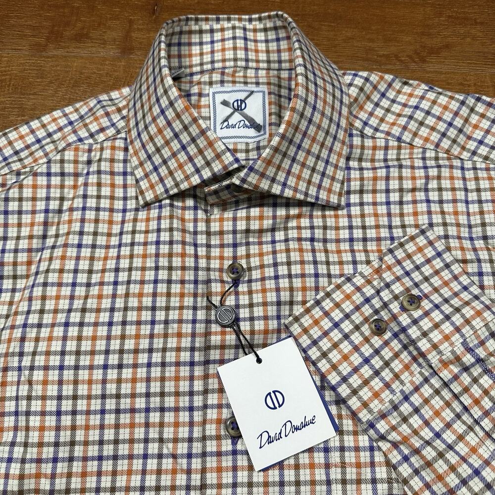 David Donahue Button Up Shirt Men M Tan Tartan Plaid Classic Fit Designer Sample